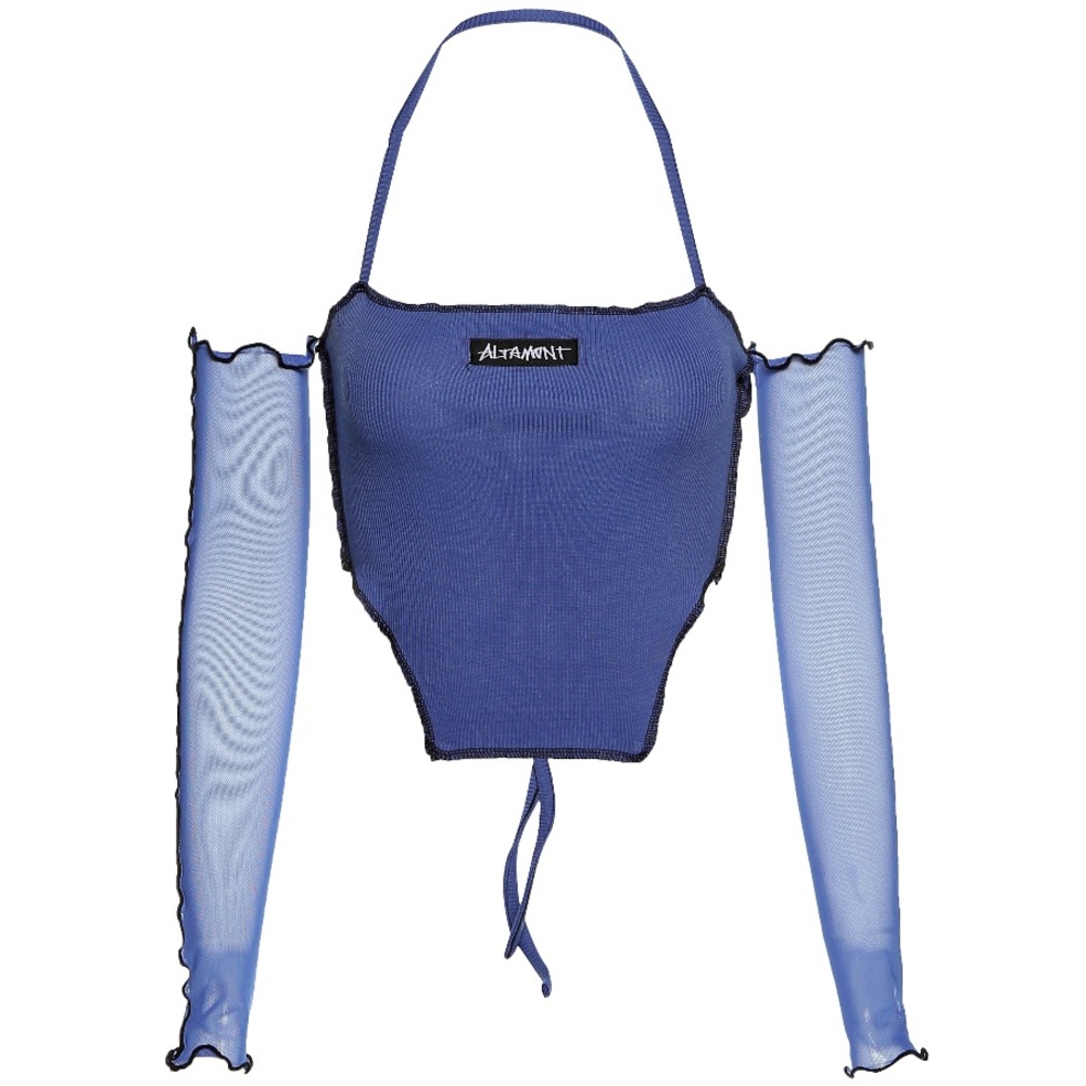 BLUE HALTER TOP WITH MESH SLEEVES